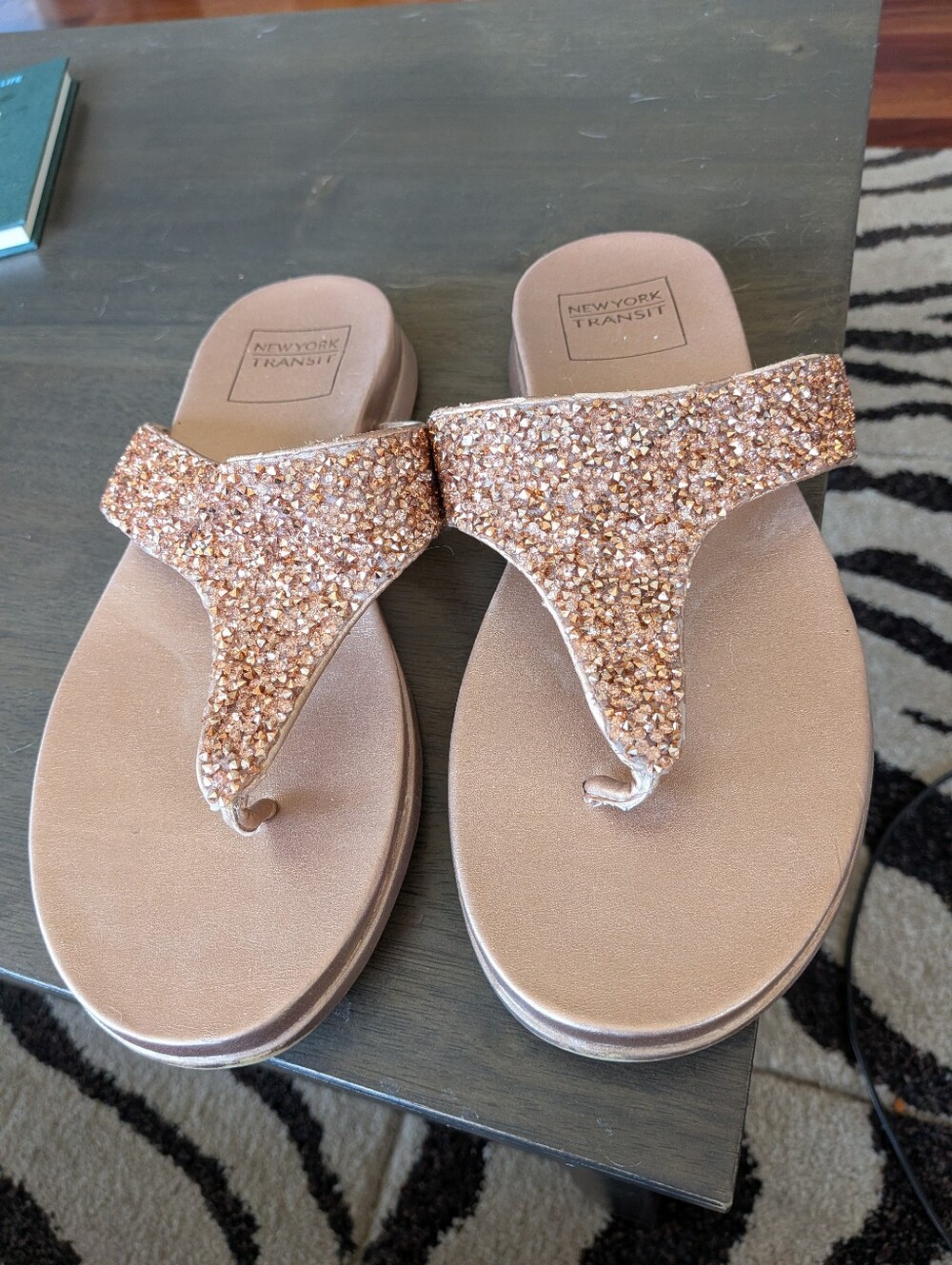 New York Transit Rose Gold Glitter Thong Sandals